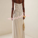 Indulge in Floral Applique Pleated Chiffon Hem Slip Maxi Dress