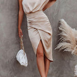 Glam Expectations One Shoulder Satin Drape Dress