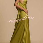 Evening Date Satin Cowl Neck Drape Ruffle Backless Bias Cut Party Maxi Dress