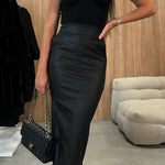 Lindsey Faux Leather High Rise Pocketed Slit Stretch Midi Skirt