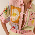 Lily Song Linen Blend Unique Print Short Sleeve Shirt and Belted Pocket Shorts Set