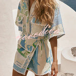 Pierre Linen Blend Ric Rac Trims Unique Print Short Sleeve Shirt and Wrap Tie-up Mini Skirt Set
