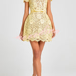 Champagne Toast Flower Lace Short Sleeve Bow Belted Mini Dress