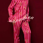 Festive Season Long Candy Stripe Tiered Bell Cuffs Elastic Waist Pocketed Pajama Set