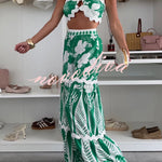 Cassie Ric Rac Trims Unique Print Halter Ring Tank and High Rise Wide Leg Pants Set