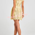 Champagne Toast Flower Lace Short Sleeve Bow Belted Mini Dress