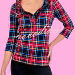 Duke of York Holiday Plaid Ruffle Stand Neck Half Sleeve Blouse