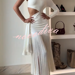 Amazing Type One Shoulder Cutout Drape Tassle Trim Stretch Maxi Dress