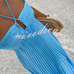 Caught Your Eyes Satin Pleated Cross Straps Cutout Flowing Maxi Dress