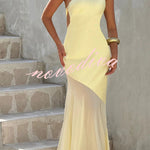 Fable Satin One Shoulder Back Adjustable Straps Contrast Chiffon Hem Maxi Dress