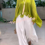 Romantic Journey Chiffon Ruffle Batwing Sleeve Top and Elastic Waist Pocket Loose Pants Set