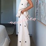 Linen Blend Polka Dot Bandeau Top and Elastic Waist Pocket Wide Leg Pants Set