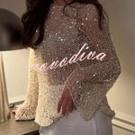 Fashion Sequined Hollow Long Sleeve Loose Knit Top