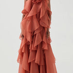 Free - Flowing Rose Detail Tiered Ruffles Halter A-line Maxi Dress