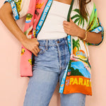 Kissed By The Sun Satin Unique Print Colorblock Button Down Oversized Blouse