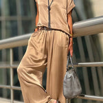 Satin Solid Color Loose Short-sleeved Top and Elastic Waist Lace-up Pocket Wide-leg Pants Set