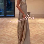 Night Elf Metallic Fabric Pleated Off Shoulder Twist Bust Slit Maxi Dress