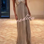 Night Elf Metallic Fabric Pleated Off Shoulder Twist Bust Slit Maxi Dress