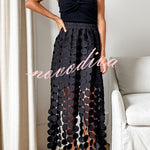 Casie See Through Circle Embroidery Elastic Waist Tassle Hem Maxi Skirt