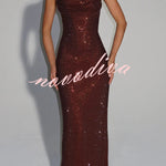 Mirabella Sequin Pleated Cowl Scooped Neckline Back Lace-up Strapless Maxi Dress