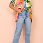 Kissed By The Sun Satin Unique Print Colorblock Button Down Oversized Blouse