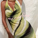 Misha Printed Cowl Neck Halter Tie-up Vacation Maxi Dress