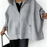 Warm Call Knit Long Sleeve Zipper Plush Hooded Pocket Loose Cardigan