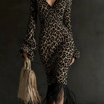Unique Printed V-neck Long-sleeved Elegant Tassel Hem Midi Dress