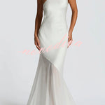 Fable Satin One Shoulder Back Adjustable Straps Contrast Chiffon Hem Maxi Dress