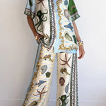 Deep Sea Dreaming Satin Unique Print Short Sleeve Shirt and Elastic Waist Pocketed Pants Set