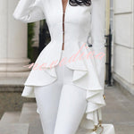 Emmie Stand Collar Ruffle High Low Hem Blazer and High Rise Stretch Pencil Pants