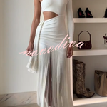 Amazing Type One Shoulder Cutout Drape Tassle Trim Stretch Maxi Dress