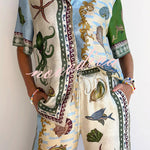Deep Sea Dreaming Satin Unique Print Short Sleeve Shirt and Elastic Waist Pocketed Pants Set