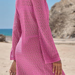 Solid Color Knit Hollow V-Neck Tie Long Sleeve Cover Up Mini Dress