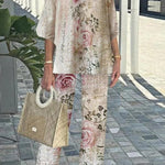 Fashion Round Neck Half Sleeve Loose Top and Elastic Waist Casual Straight Pants Set