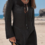 Solid Color Knit Hollow V-Neck Tie Long Sleeve Cover Up Mini Dress