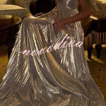 Night Elf Metallic Fabric Pleated Off Shoulder Twist Bust Slit Maxi Dress