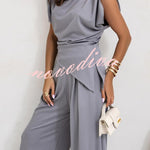Jordy Ruched Shoulder Slit Top and Elastic Waist Pocketed Wide Leg Pants Set