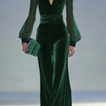 Solid Color Velvet V-neck Long-sleeved Elegant Fitted Jumpsuit