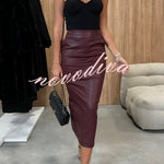 Lindsey Faux Leather High Rise Pocketed Slit Stretch Midi Skirt