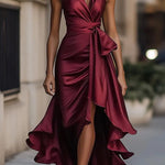 Solid Color Elegant V-neck Waist Irregular Ruffle Maxi Dress