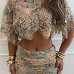 Fashionable Embroidered Flower Sequined Crop Top and Hip-hugging Mini Skirt Set