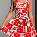Holiday Colors Ric Rac Trims Unique Print Cutout Round Neck Mini Dress
