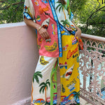 Kissed By The Sun Satin Unique Print Colorblock Button Down Oversized Blouse