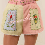 Lily Song Linen Blend Unique Print Short Sleeve Shirt and Belted Pocket Shorts Set