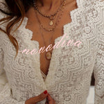 Fashionable Openwork Lace Long-sleeved V-neck Elegant Shirt