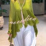 Romantic Journey Chiffon Ruffle Batwing Sleeve Top and Elastic Waist Pocket Loose Pants Set