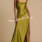 Evening Date Satin Cowl Neck Drape Ruffle Backless Bias Cut Party Maxi Dress