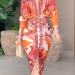 Brazilian Style Unique Print Dolman Long Sleeve Ruched Slit Midi Dress