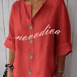 Solid Color V-neck Loose Button Top